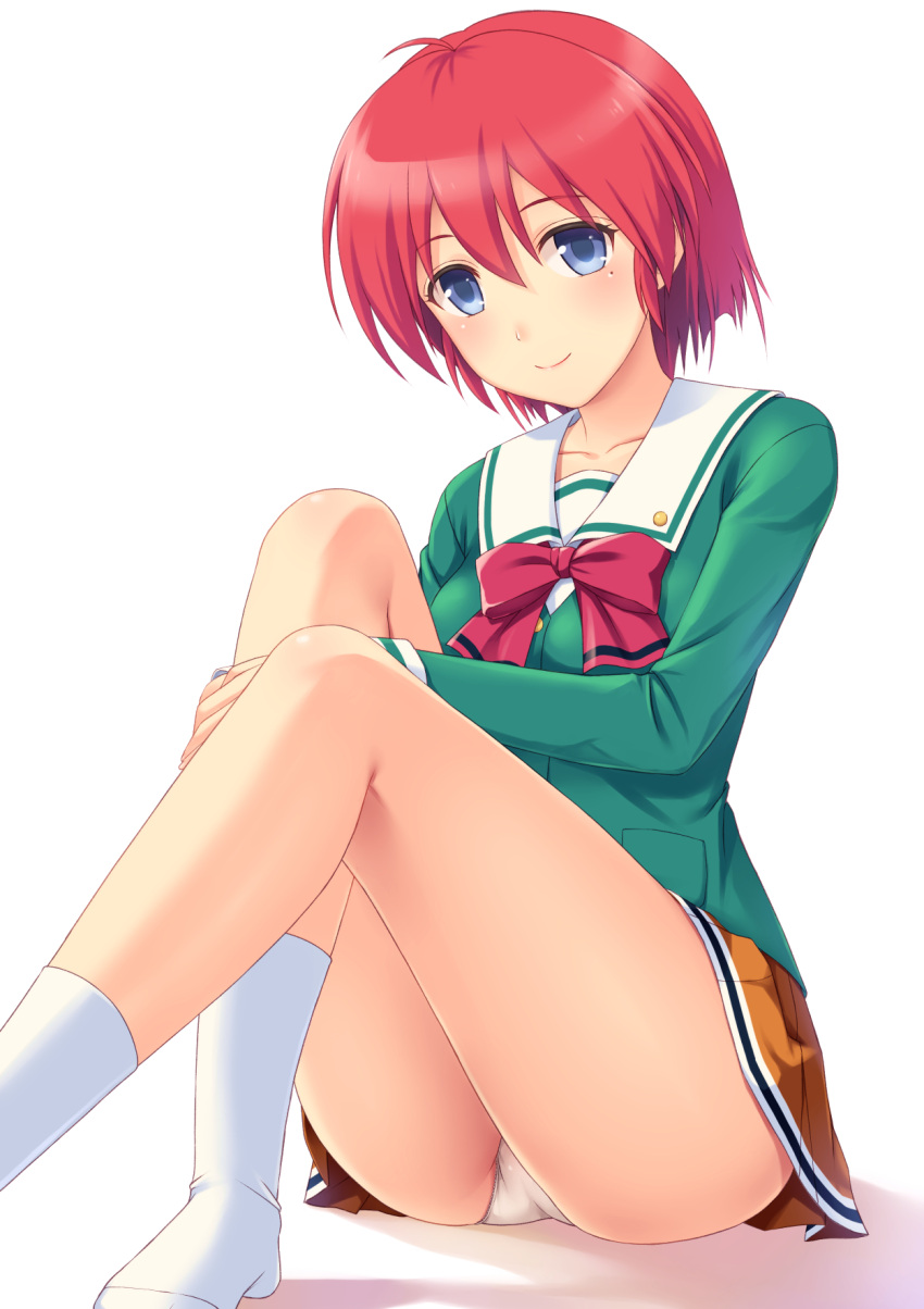 1girl ahoge bare_legs blue_eyes blush bow bowtie buttons closed_mouth collarbone copyright_request green_jacket highres jacket knees_up long_sleeves mole mole_under_eye n.g. orange_skirt panties pantyshot pantyshot_(sitting) red_bow red_bowtie redhead short_hair simple_background sitting skirt smile solo tareme thighs underwear upskirt white_background white_legwear white_panties