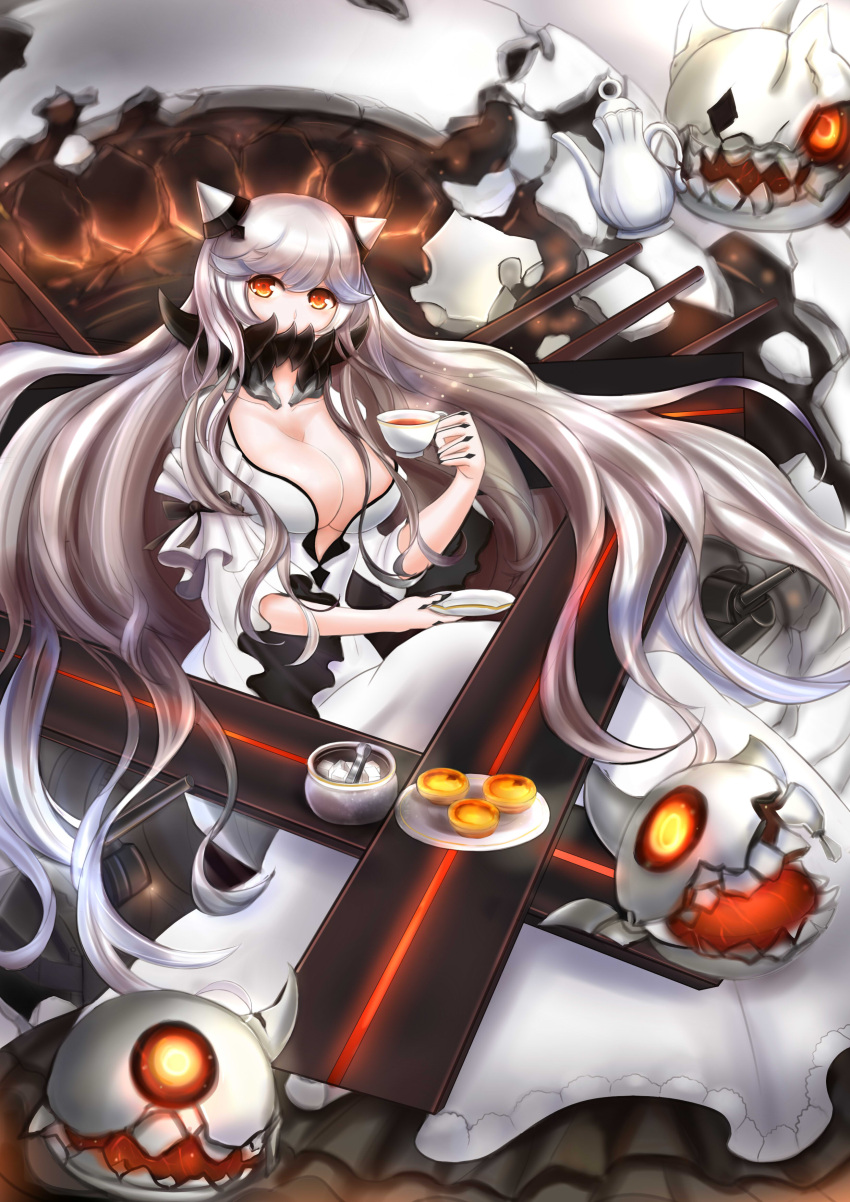 1girl absurdres artist_request breasts cleavage cup dress enemy_aircraft_(kantai_collection) highres horns kantai_collection large_breasts long_hair midway_hime orange_eyes solo sugar_cube tea teacup very_long_hair white_hair