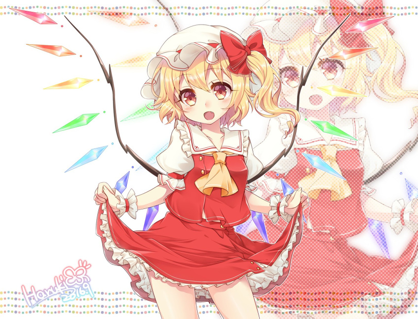 1girl :d arm_garter ascot blonde_hair blush bow commentary_request cowboy_shot crystal dated fang flandre_scarlet frilled_shirt_collar frilled_skirt frills haruki_5050 hat hat_bow highres lifted_by_self looking_at_viewer mob_cap open_mouth puffy_short_sleeves puffy_sleeves red_bow red_eyes red_skirt red_vest short_sleeves side_ponytail signature skirt skirt_lift skirt_set smile solo touhou wings wrist_cuffs zoom_layer