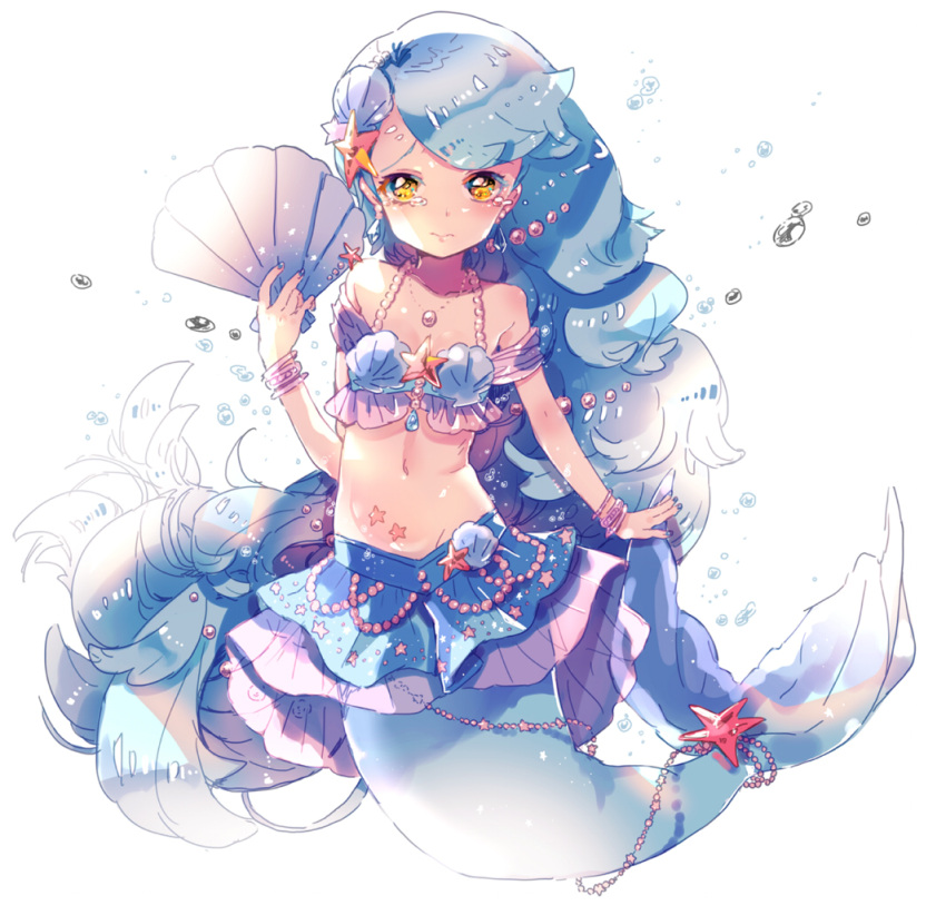 1girl beads blue_hair blue_nails blue_skirt bracelet frown hair_ornament jewelry layered_skirt long_hair looking_at_viewer mermaid midriff monster_girl nail_polish navel necklace otoca_d'or r00c00 seashell shell skirt solo star star_hair_ornament tear_(otoca_d'or) tears very_long_hair white_background yellow_eyes
