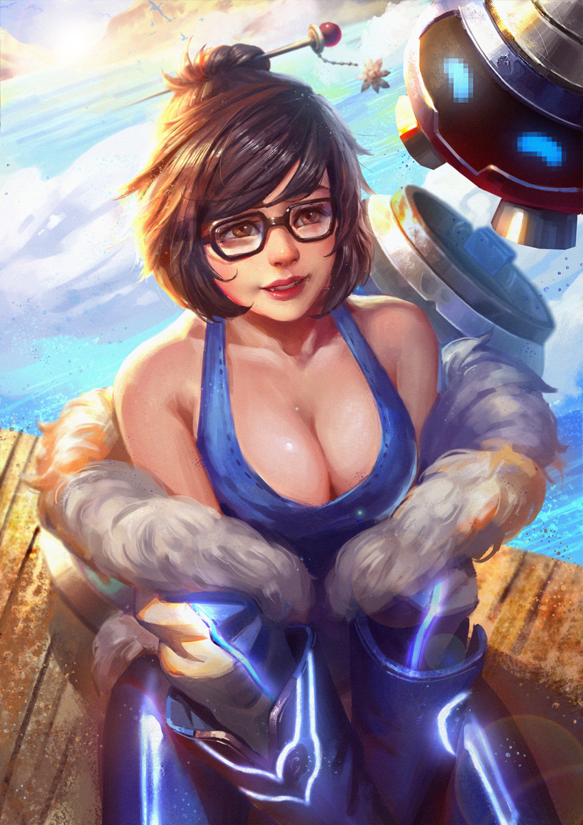 1girl backlighting black-framed_eyewear blue_shirt blue_sky breasts brown_eyes brown_hair canister cleavage clouds coat collarbone dock fur_trim glasses gloves hair_bun hair_ornament hair_stick highres large_breasts lens_flare lips looking_at_another mei_(overwatch) nose off_shoulder outdoors overwatch parted_lips realistic robot shirt short_hair sitting sky smile solo tank_top teeth v_arms water x.four