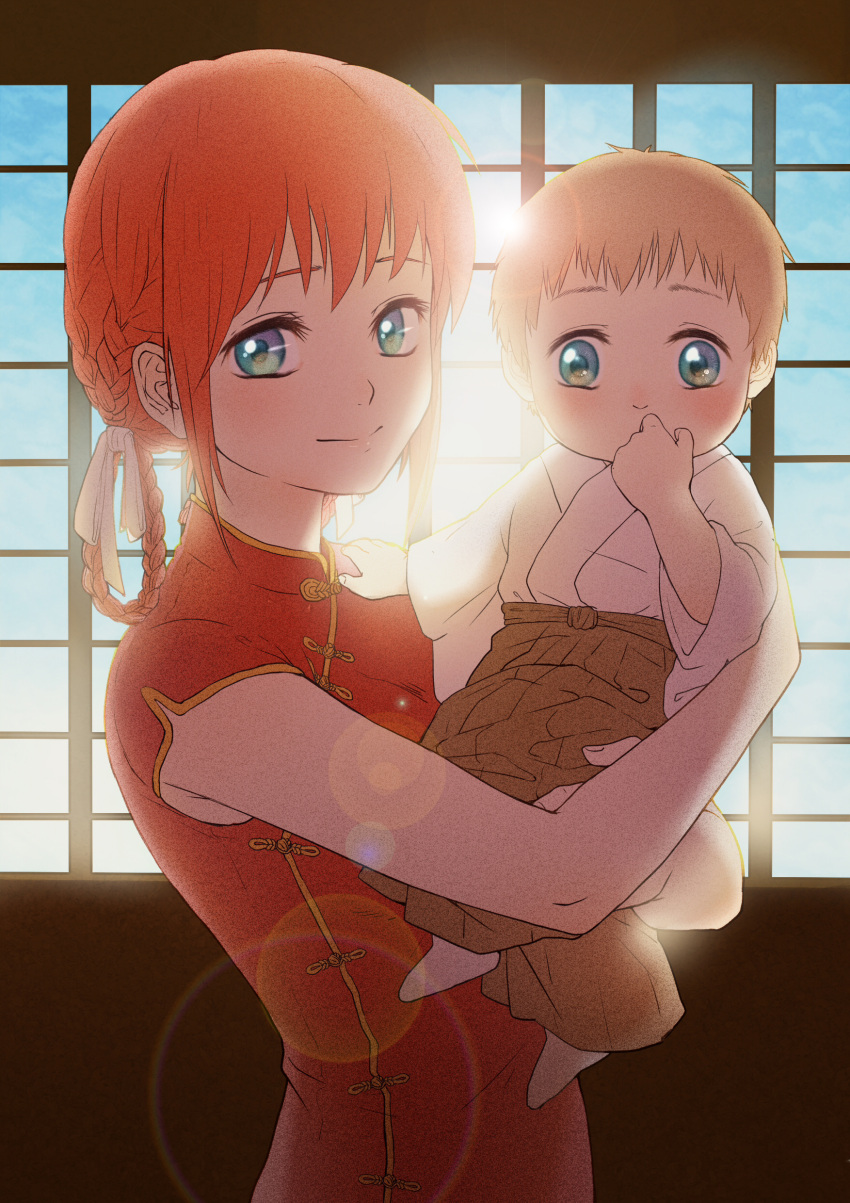 1boy 1girl absurdres blue_eyes braid brown_hair carrying chinese_clothes gintama highres if_they_mated japanese_clothes kagura_(gintama) long_hair mei_(oklaomei) mother_and_son orange_hair short_hair