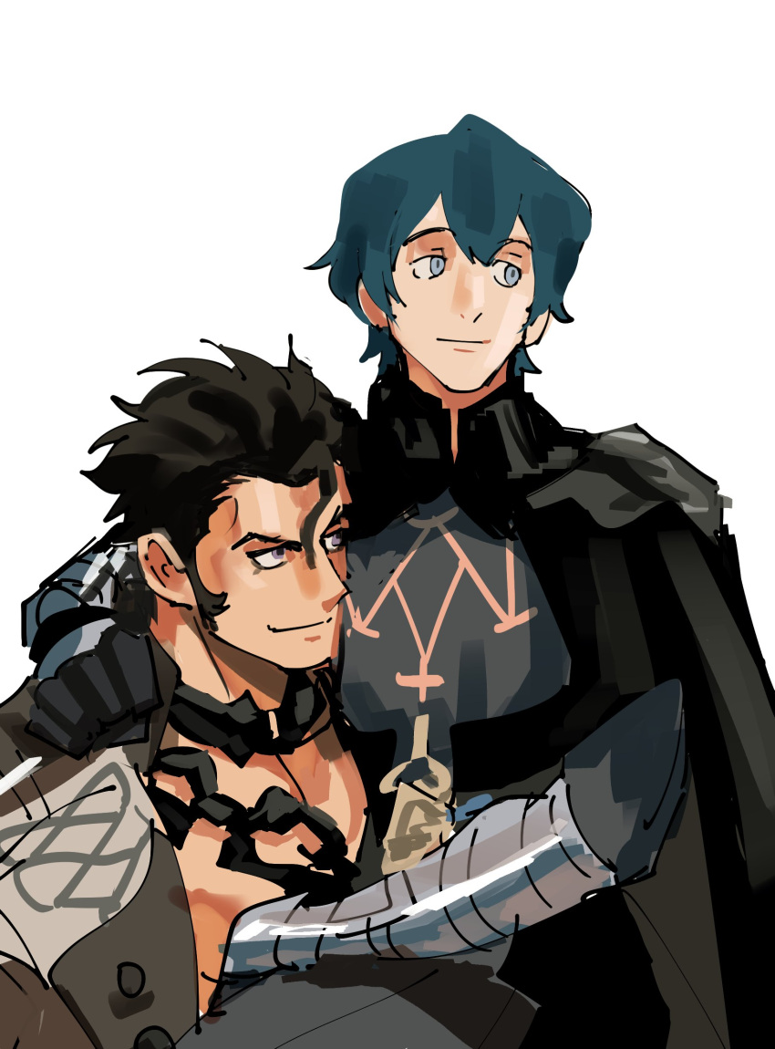 2boys absurdres balthus_(fire_emblem) black_hair blue_hair byleth_(fire_emblem) byleth_eisner_(male) cape carrying chain closed_mouth fire_emblem fire_emblem:_three_houses highres kendy_(revolocities) male_focus multiple_boys sideburns simple_background smile white_background yaoi