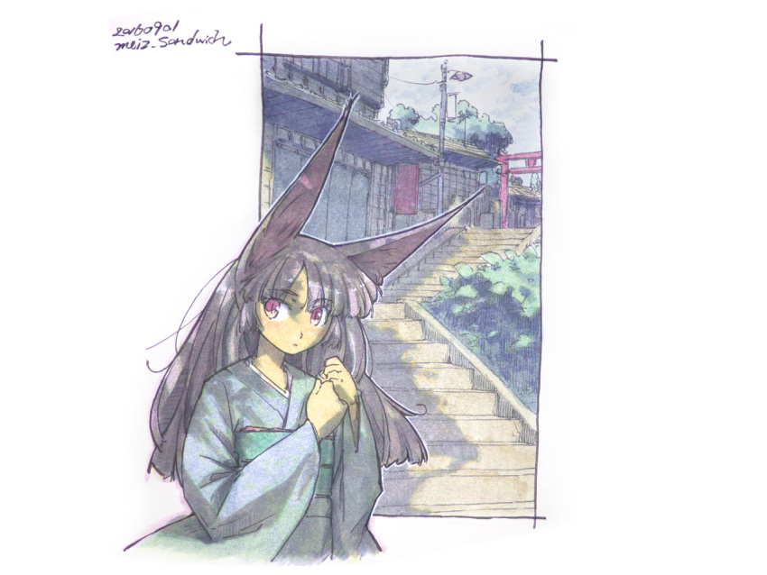 1girl animal_ears artist_name black_hair building bush japanese_clothes kimono long_hair looking_to_the_side meiz obi sash slit_pupils solo torii traditional_clothes traditional_media tree
