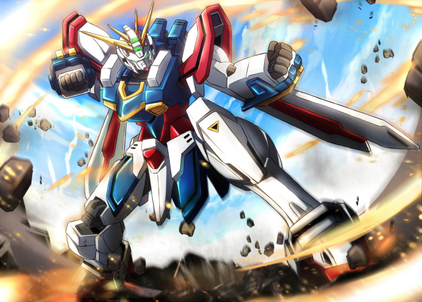 asumakobayashi blue_sky clenched_hands clouds fighting_stance g_gundam glowing glowing_eyes god_gundam green_eyes gundam highres machinery mecha no_humans robot rock sky solo super_robot