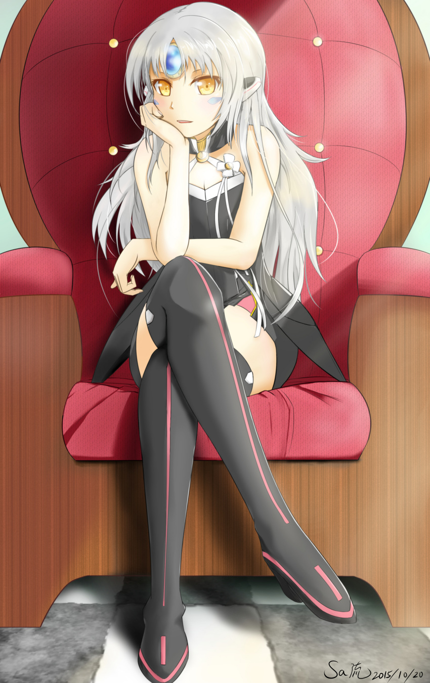 1girl absurdres bare_shoulders boots chin_rest code:_nemesis_(elsword) crossed_legs dated dress elsword eve_(elsword) facial_mark forehead_jewel highres long_hair looking_at_viewer parted_lips sa_(sam-ya) solo thigh-highs thigh_boots throne white_hair yellow_eyes