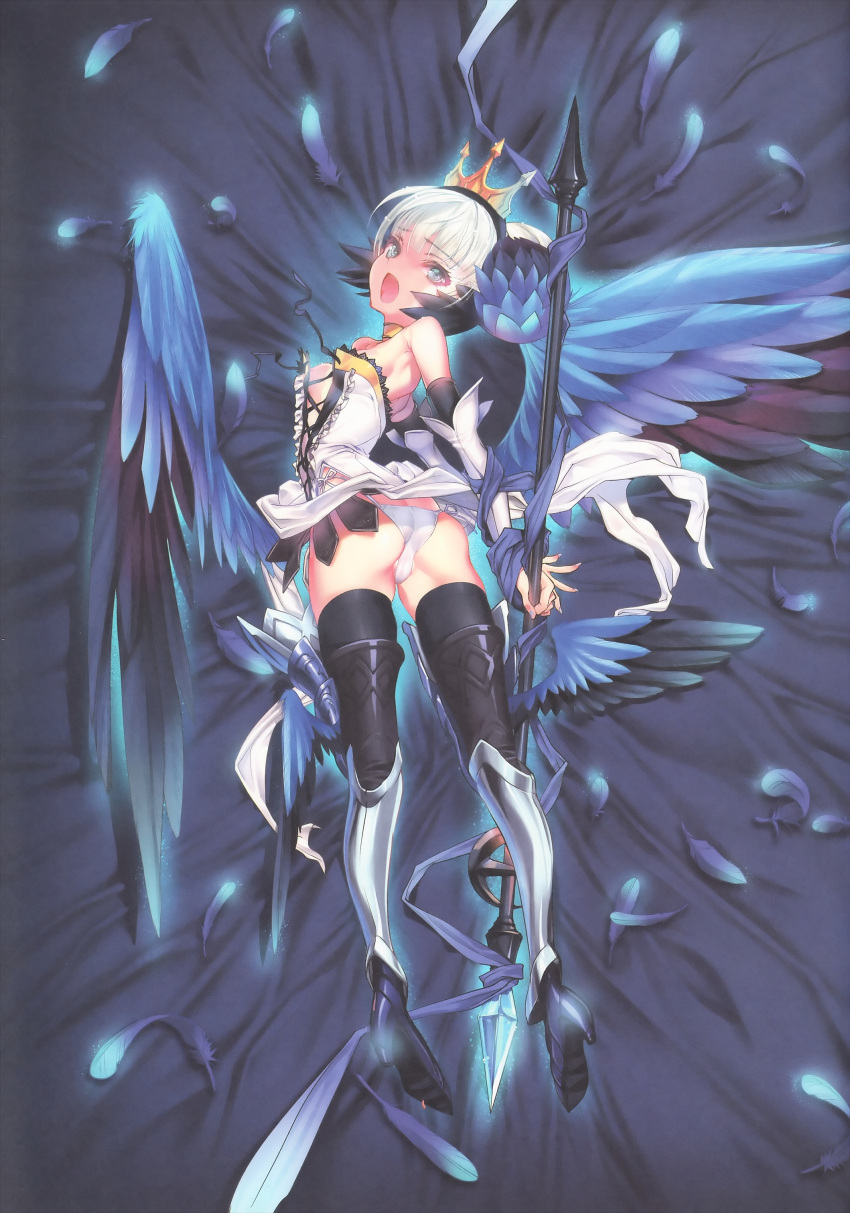 1girl absurdres armor armored_dress ass bare_shoulders blue_eyes breasts choco choker crown detached_sleeves dress feathered_wings feathers from_behind greaves gwendolyn hair_ornament highres looking_back odin_sphere open_mouth panties polearm scan short_hair side-tie_panties solo spear strapless strapless_dress thigh-highs underwear weapon white_dress white_hair white_panties wings
