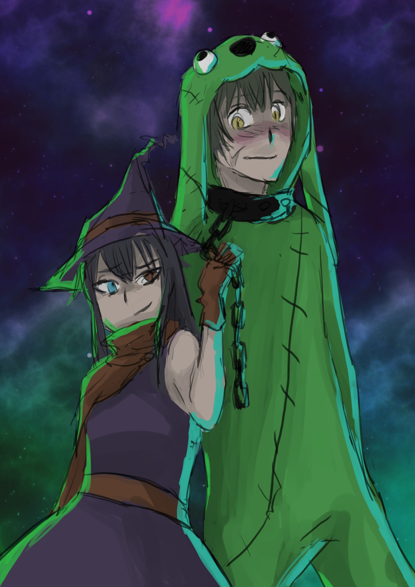 1boy 1girl absurdres androth_(character) animal_costume bare_shoulders black_hair blue_eyes blush brown_eyes chain chained dog dog_costume dress fanom fanom_(character) femdom green_hair halloween hat highres looking_at_another neckerchief night original scar sketch sky smile smirk star star_(sky) witch witch_hat yellow_eyes