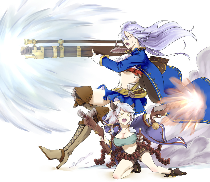 &gt;:o 2girls :o absurdres ahoge bangs belt blue_skirt boots braid breasts brown_boots cleavage coat cross-laced_footwear doraf dual_wielding dynamite firing granblue_fantasy gun hair_between_eyes high_heel_boots high_heels highres holding holding_gun holding_weapon hood hood_down horns kneeling kumuyu lace-up_boots large_breasts lavender_hair long_hair long_sleeves low_twintails miniskirt molotov_cocktail multiple_girls navel omuraisu_(hamburger_steak) open_clothes open_coat open_mouth sideways_mouth silva_(granblue_fantasy) silver_hair skirt strapless tubetop twin_braids twintails weapon yellow_eyes