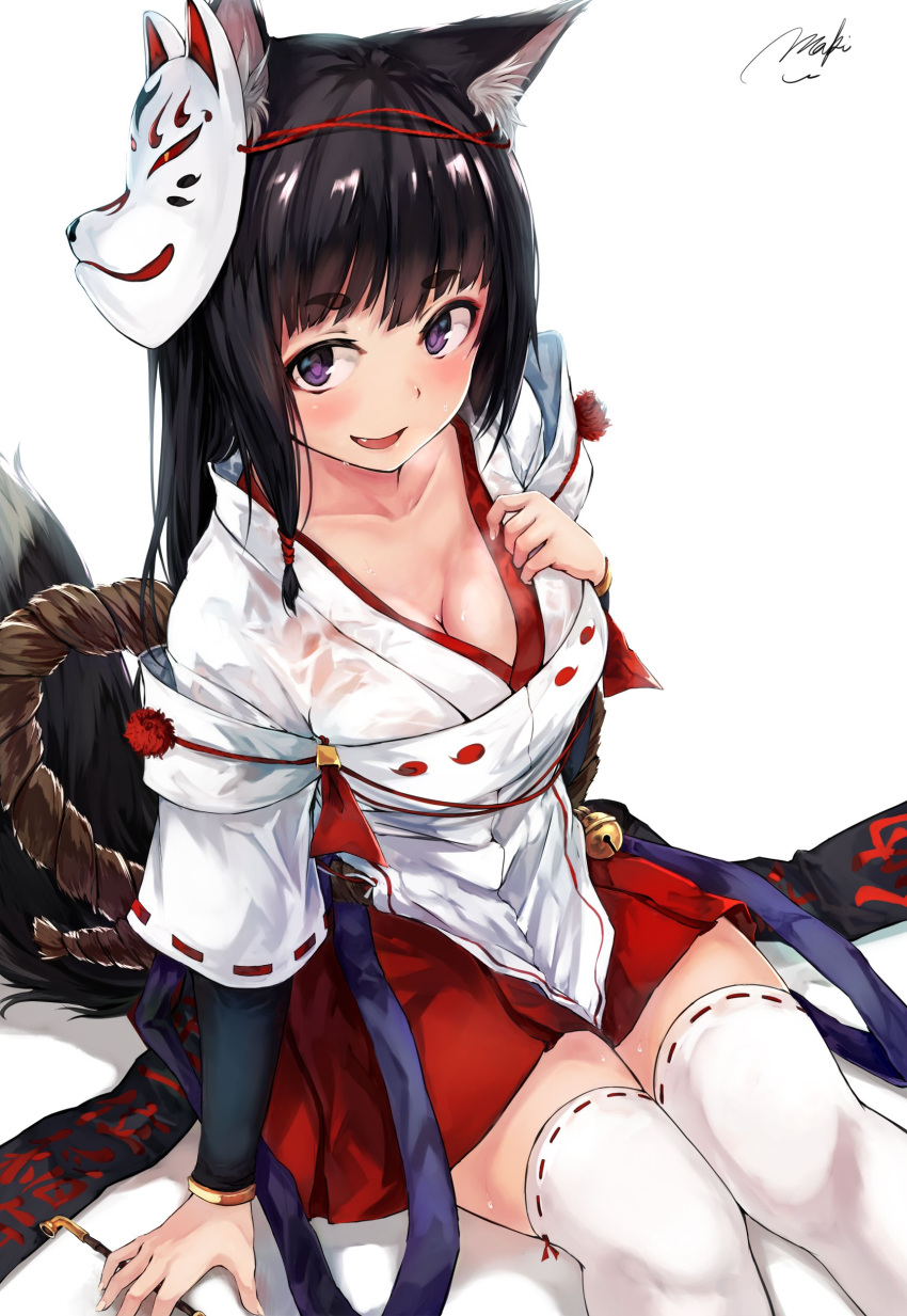 1girl absurdres animal_ears arm_support arm_warmers bell black_hair blush breasts cleavage collarbone fang fox_ears fox_mask fox_tail hakama_skirt heavy_breathing highres japanese_clothes jingle_bell long_hair maki_(maki_pei) mask miko original pipe ribbon-trimmed_legwear ribbon-trimmed_sleeves ribbon_trim simple_background sitting smile solo sweat tail thigh-highs violet_eyes white_legwear