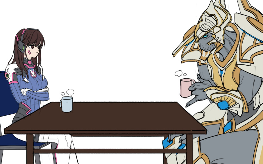 1boy 1girl armor armored_dress artanis_(starcraft) bangs blizzard_(company) blue_eyes bodysuit boots breasts brown_eyes brown_hair bunny_print closed_mouth company_connection crossed_arms crossover cup d.va_(overwatch) eyebrows eyebrows_visible_through_hair facepaint facial_mark fingernails gauntlets gloves grey_skin hand_on_own_knee headphones heroes_of_the_storm highres holding holding_cup long_fingernails long_hair long_sleeves looking_at_another medium_breasts mug overwatch pauldrons pilot_suit pinky_out ribbed_bodysuit shoulder_pads simple_background sitting starcraft table thigh-highs thigh_boots turtleneck whisker_markings white_background white_boots white_gloves