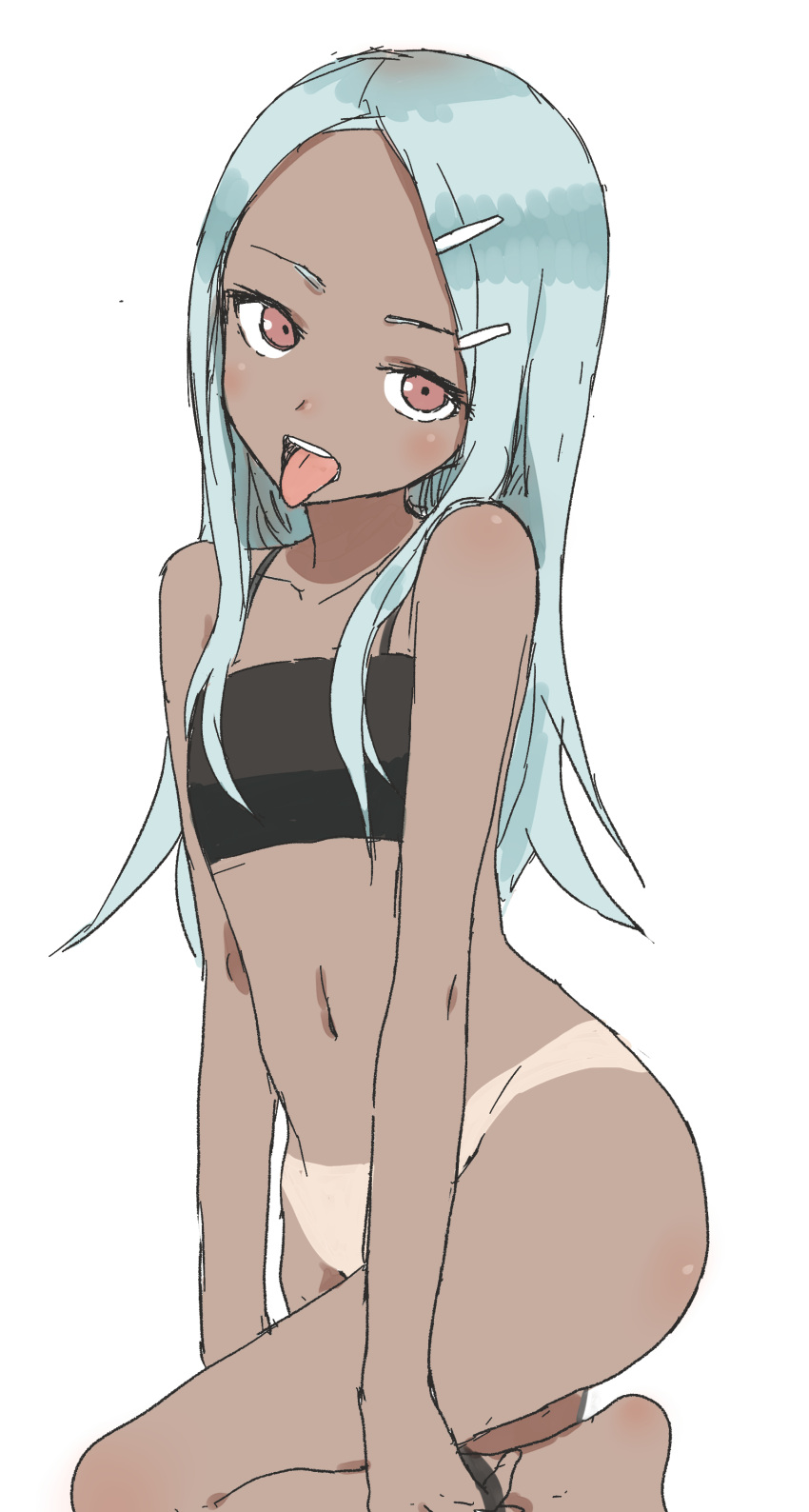1girl absurdres aqua_hair ass bare_shoulders bottomless dark_skin hair_ornament hairclip highres long_hair looking_at_viewer navel open_mouth original simple_background sleeveless solo tan tanline teeth tongue tongue_out white_background yamamoto_souichirou