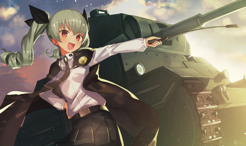 anchovy belt black_necktie black_ribbon black_skirt blush cape carro_armato_p40 ccaw commentary_request drill_hair emblem girls_und_panzer green_hair ground_vehicle hand_on_hip long_hair long_sleeves military military_vehicle motor_vehicle necktie open_mouth pleated_skirt red_eyes ribbon riding_crop shirt shoulder_belt skirt smile tank twin_drills twintails uniform white_shirt