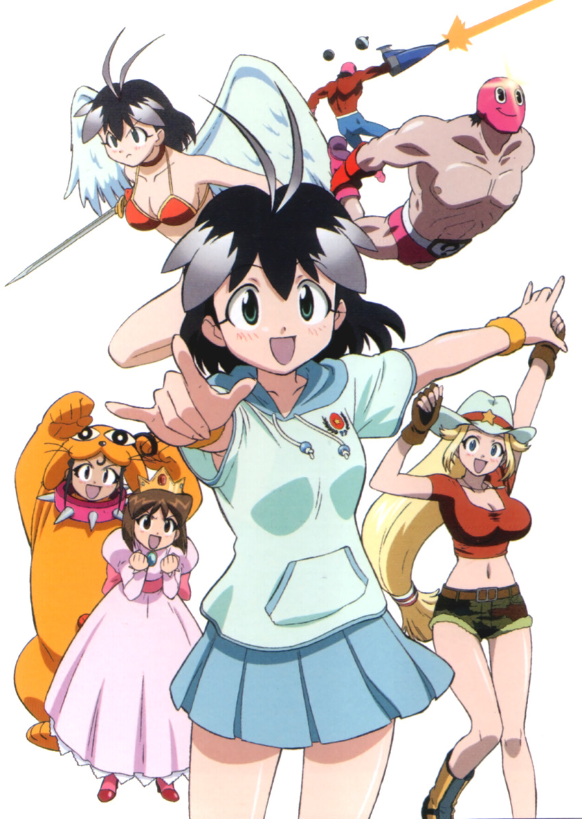 2boys 5girls \m/ angel_wings animal_costume arcade_gamer_fubuki armband armpit_peek arms_up bikini_top black_hair blonde_hair blue_eyes breasts cleavage clenched_hands collar cowboy_hat dress fingerless_gloves gloves green_eyes gun halter_top halterneck hanako_kokobunji hat high_heels highres juumonji_chizuru large_breasts long_hair long_sleeves looking_at_viewer mask mr.mystery multiple_boys multiple_girls muscle official_art open_mouth outstretched_arm pleated_skirt puffy_sleeves sakuragasaki_fubuki short_hair short_shorts short_sleeves shorts simple_background skirt spiked_collar spikes weapon white_background wings wrestler