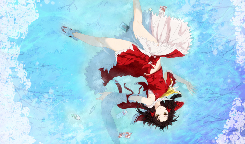 1girl arm_garter ascot bare_shoulders black_eyes black_hair bow cherry_blossoms detached_sleeves full_body hair_bow hair_tubes hakurei_reimu highres kirisame_marisa long_sleeves messy_hair ofuda partially_submerged red_bow red_shirt red_skirt reflection sarashi shirt skirt skirt_set sleeveless sleeveless_shirt solo tk31 touhou upside-down wide_sleeves