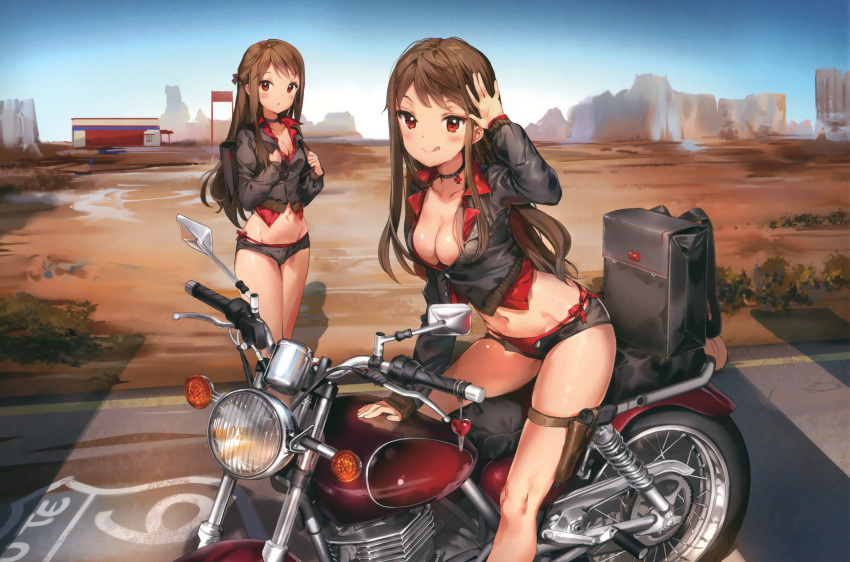 2girls :o :q absurdres anmi arch arm_up bikini bikini_under_clothes black_jacket black_shorts blue_sky box breasts brown_hair building buttons choker cleavage cliff closed_mouth collarbone cropped_jacket day desert ground_vehicle gun hand_on_own_chest handgun highres holster jacket legs_together long_hair long_sleeves looking_at_viewer medium_breasts motor_vehicle motorcycle multiple_girls open_fly original outdoors parted_lips pistol red_bikini red_eyes red_shirt sheath sheathed shiny shiny_skin shirt short_shorts shorts side-tie_bikini sitting sky standing summer swimsuit thigh_holster thigh_strap tongue tongue_out weapon