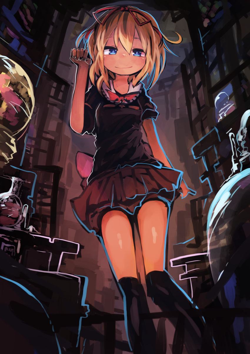 1girl absurdres blonde_hair blue_eyes glass_bottle highres kaamin_(mariarose753) kneehighs looking_at_viewer medicine_melancholy short_hair skirt smile solo touhou