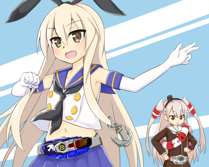 &gt;:d 2girls :d amatsukaze_(kantai_collection) anchor_hair_ornament blonde_hair commentary_request crop_top crop_top_overhang dress elbow_gloves female gloves hair_ornament hair_tubes kame_rider kamen_rider kamen_rider_drive kamen_rider_drive_(series) kamen_rider_mach kantai_collection lifebuoy light_brown_eyes long_hair midriff multiple_girls navel open_mouth parody pleated_skirt red_eyes rider_belt sailor_collar sailor_dress shift_car shimakaze_(kantai_collection) silver_hair skirt smile two_side_up