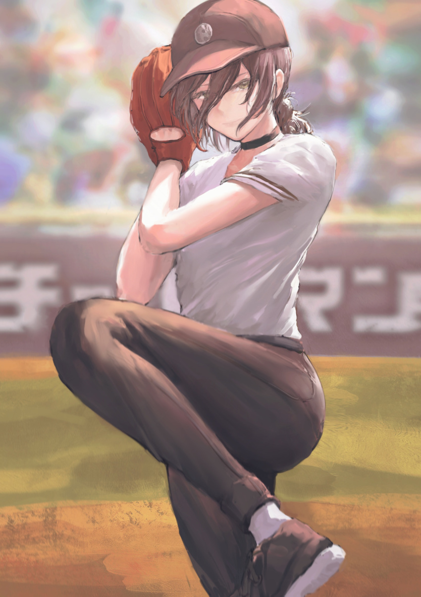 1girl 900p absurdres bangs baseball_cap baseball_mitt black_choker black_pants blurry blurry_background brown_eyes brown_footwear brown_hair brown_headwear chainsaw_man choker closed_mouth day hair_between_eyes hat highres leg_up looking_at_viewer outdoors pants ponytail reze_(chainsaw_man) shirt short_sleeves solo stance standing standing_on_one_leg white_legwear white_shirt