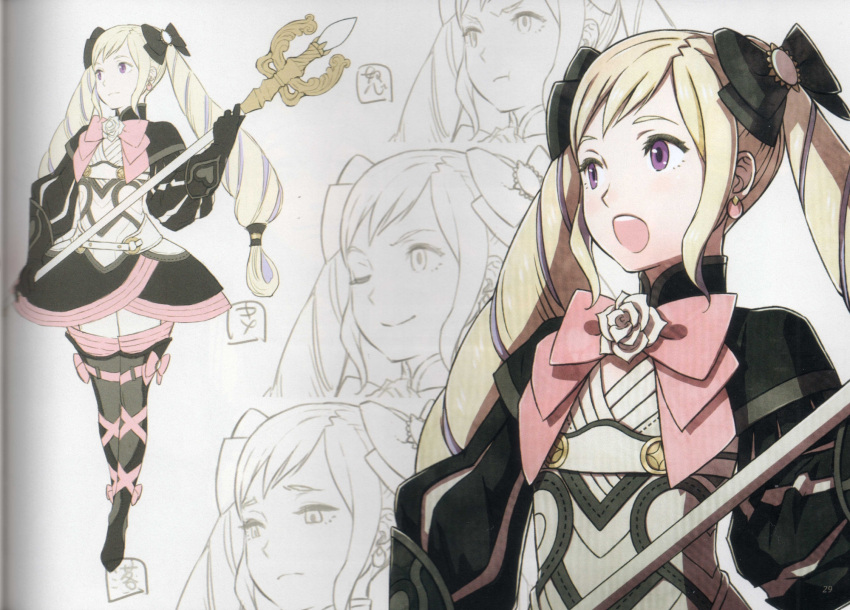 1girl black_gloves blonde_hair boots bow concept_art dress earrings elise_(fire_emblem_if) fire_emblem fire_emblem_if gloves hair_bow high_heel_boots high_heels highres jewelry kozaki_yuusuke lineart one_eye_closed open_mouth purple_hair ribbon simple_background smile staff thigh-highs thigh_boots twintails violet_eyes zettai_ryouiki