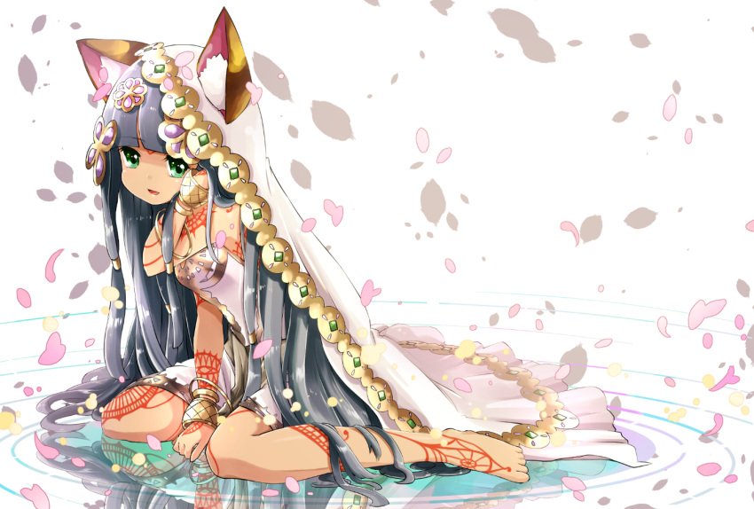1girl animal_ears armlet bangs bare_legs bare_shoulders barefoot bastet_(p&amp;d) black_hair blunt_bangs bracelet bridal_veil bride cat_ears cat_tail dark_skin dress egyptian green_eyes henna jewelry long_hair looking_at_viewer open_mouth petals pikomarie puzzle_&amp;_dragons sitting smile solo tail tattoo veil wariza white_dress