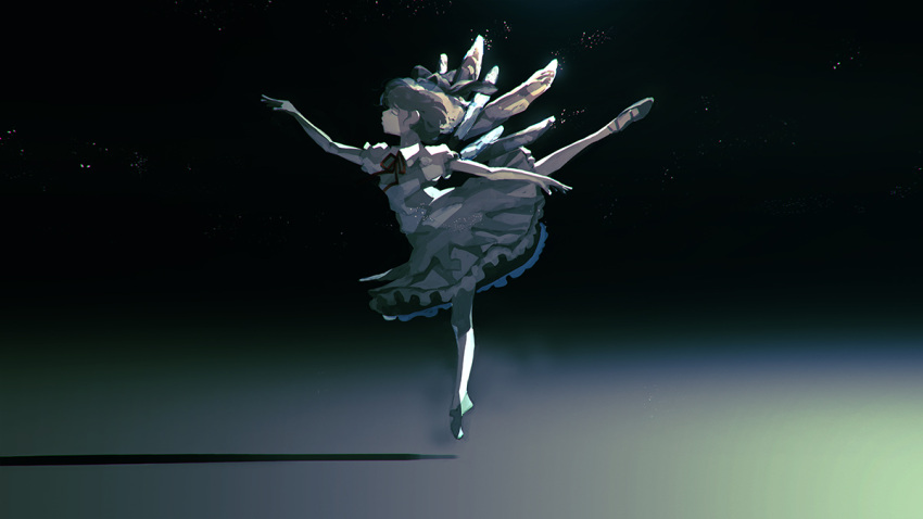1girl ballet blue_hair bow cirno closed_eyes commentary dancing dark dress hair_bow ice ice_wings jumping light_particles neck_ribbon nenenoa outstretched_arms pale_skin pose profile ribbon shadow short_hair solo standing standing_on_one_leg touhou wings