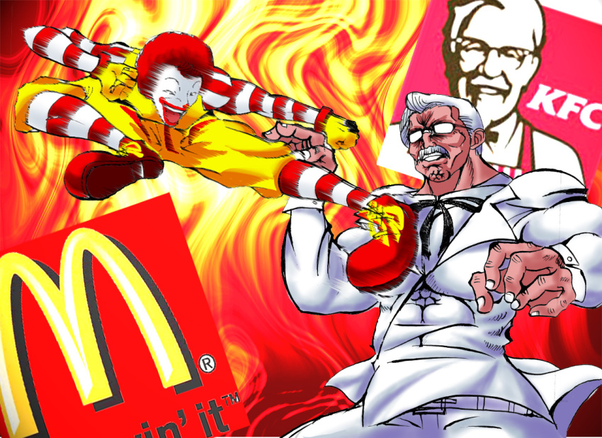 belt clenched_teeth facial_hair fighting_stance fire flying_kick formal glasses kfc kicking lipstick logo makeup mcdonald's muscle mustache necktie open_mouth red_nose red_shoes redhead ronald_mcdonald shoes socks striped striped_legwear suit teeth warugaki_(sk-ii) white_hair white_suit