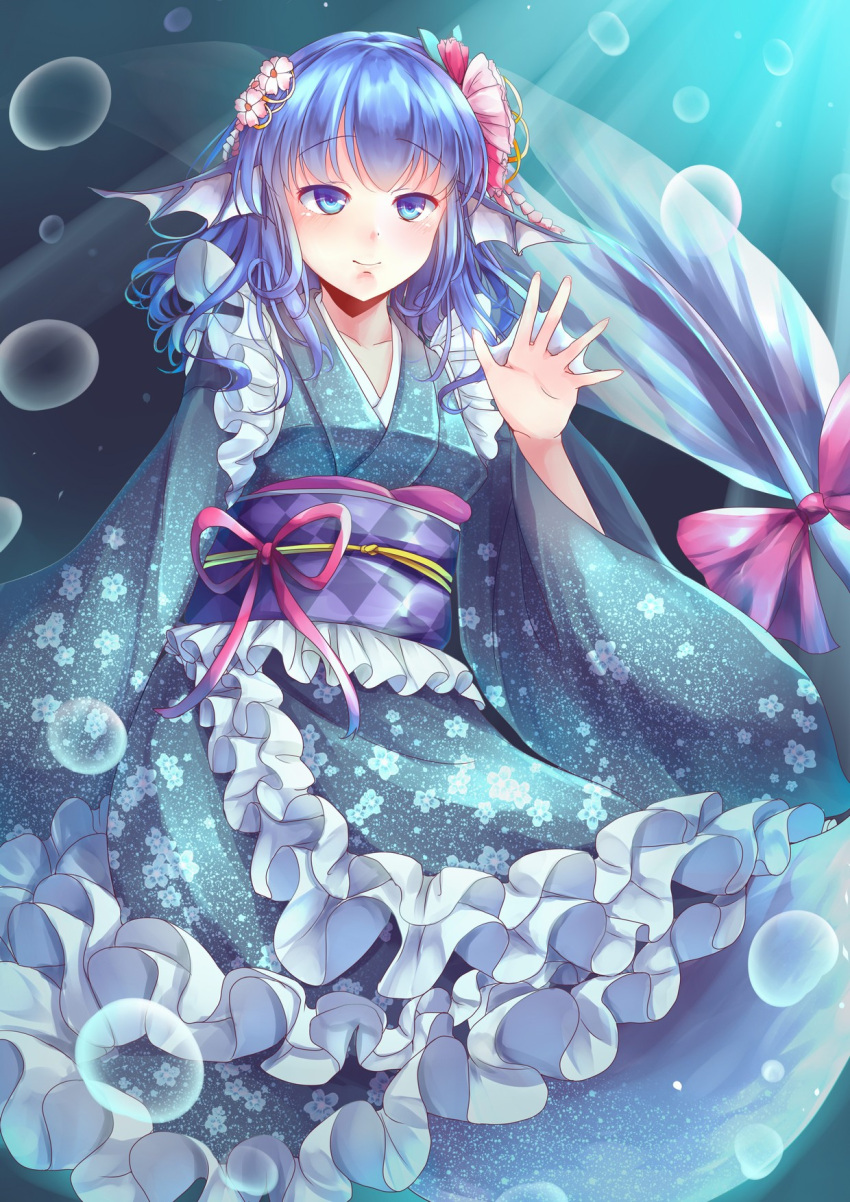 1girl alternate_hairstyle blue_eyes blue_hair bubble collarbone commentary_request curly_hair flower frills hair_flower hair_ornament head_fins highres japanese_clothes kanzakietc kimono mermaid monster_girl obi ribbon sash smile tail tail_ribbon touhou underwater wakasagihime wavy_hair webbed_hands wide_sleeves