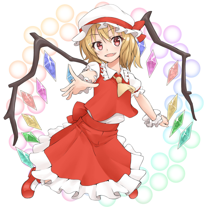 1girl arm_garter ascot blonde_hair bow commentary crystal danmaku fangs flandre_scarlet hat hat_bow hat_ribbon highres looking_at_viewer mary_janes mob_cap open_mouth outstretched_arm puffy_short_sleeves puffy_sleeves red_eyes red_shoes red_skirt red_vest ribbon shoes short_sleeves shunichi side_ponytail skirt smile solo touhou white_background white_hat wings wrist_cuffs