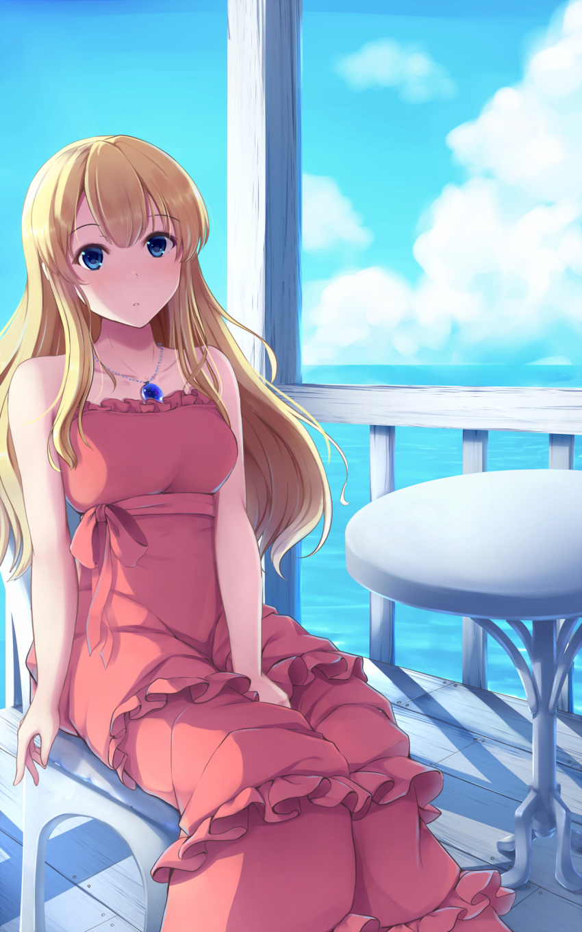 1girl between_legs blonde_hair blue_eyes collarbone dress eyebrows eyebrows_visible_through_hair hair_over_shoulder hand_between_legs highres jewelry long_hair looking_at_viewer necklace nicoby ocean original outdoors red_dress sitting solo strapless strapless_dress