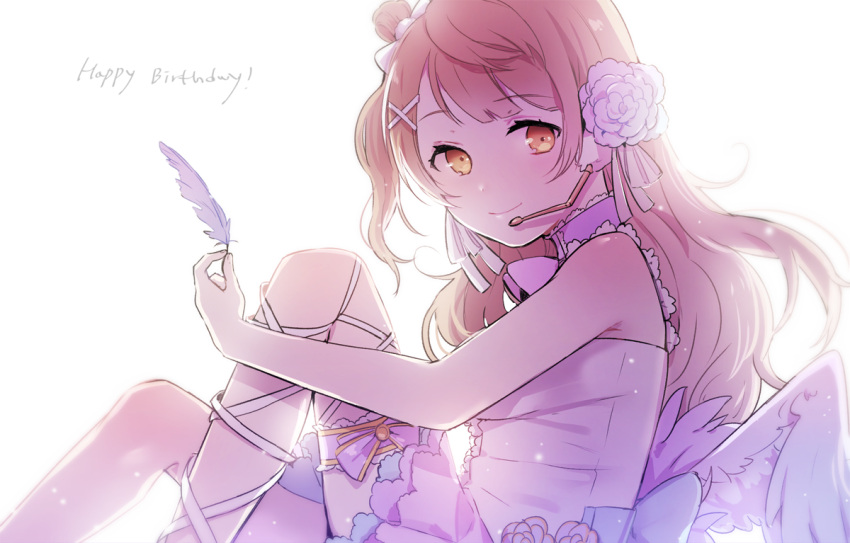 1girl ankle_lace-up bangs birthday bow brown_eyes brown_hair collar cross-laced_footwear feathered_wings feathers flower from_side hair_bow hair_flower hair_ornament hair_ribbon happy_birthday headset holding light_brown_hair long_hair love_live! love_live!_school_idol_project minami_kotori one_side_up ribbon side_ponytail sitting sleeveless smile solo thigh_strap tiny_(tini3030) white_background wings x_hair_ornament yellow_eyes