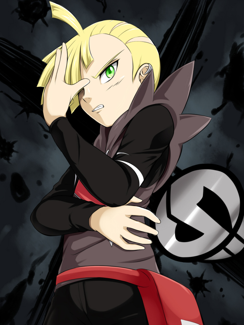 1boy blonde_hair covering_face ear_piercing from_below gladio_(pokemon) gladion_(pokemon) green_eyes hair_over_one_eye highres male_focus piercing pokemon pokemon_(game) pokemon_sm pose short_hair team_skull teeth vest yomitrooper