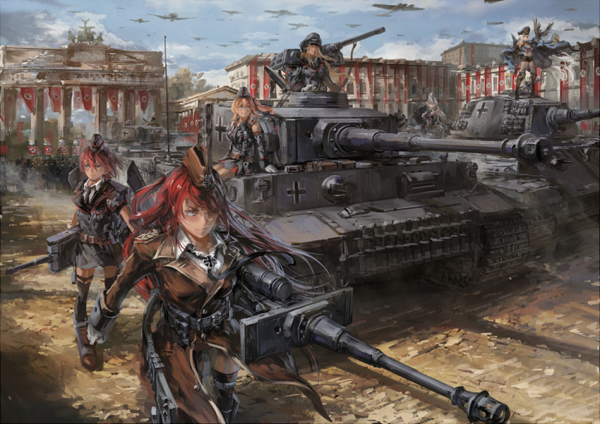 aircraft airplane berlin bird blonde_hair blue_eyes bomber brandenburg_gate eagle flying garrison_cap germany ground_vehicle hat leah_rossiter lisa_hunt long_hair military military_vehicle motor_vehicle nazi nelly_rommel official_art panzer_waltz patti_paulson redhead sally_hartman serious short_hair stu_dts tank thigh-highs tiger_i tiger_ii turret walking world_war_ii