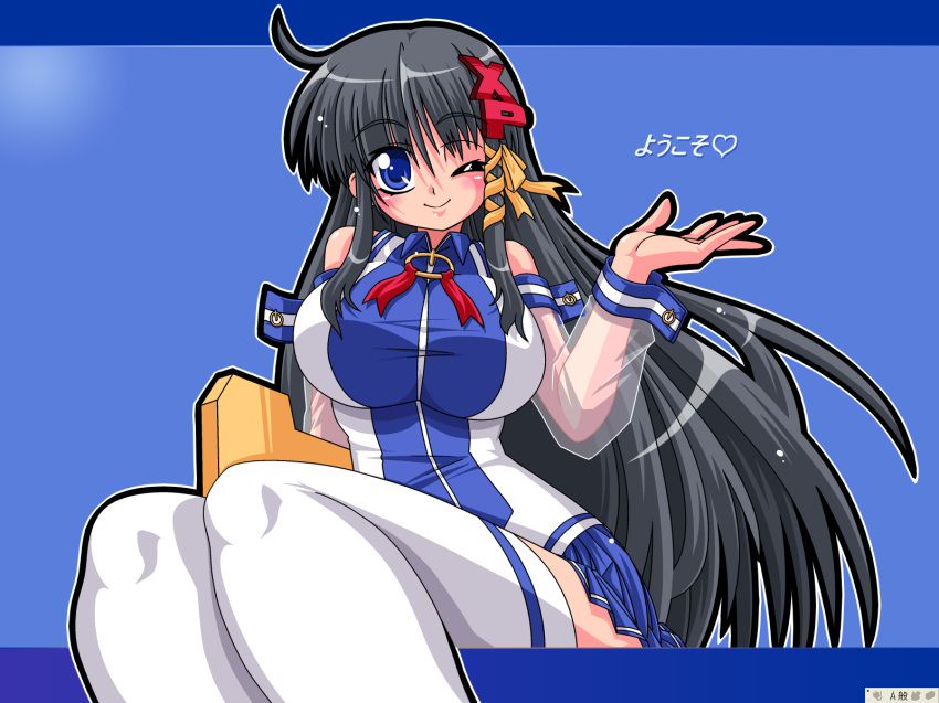 1girl black_hair blue_eyes blue_skirt blush breasts detached_sleeves great_magami hair_ornament heart highres large_breasts long_hair one_eye_closed os-tan skirt solo thigh-highs translation_request transparent_sleeves xp-tan