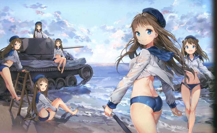 6+girls absurdres anmi ass bare_legs barefoot beach beret bikini blouse blue_eyes blue_sky blush breasts brown_eyes brown_hair clouds crop_top day double_bun english ground_vehicle hat highres ladder leg_hug long_hair looking_at_viewer looking_back matching_outfit medium_breasts military military_vehicle motor_vehicle multiple_girls navel ocean on_vehicle open_mouth original outdoors sailor_collar sand sitting sky smile standing swimsuit swimwear tank valentine_(tank) very_long_hair water white_blouse