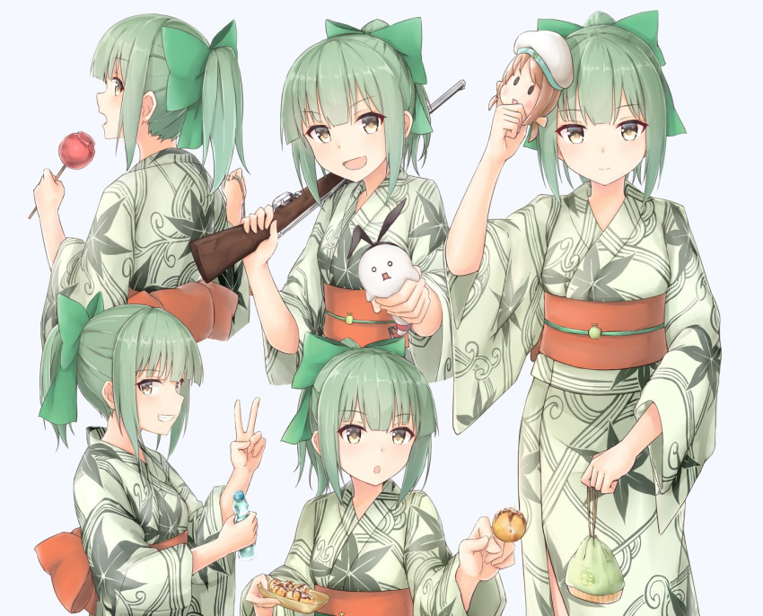 &gt;:d 1girl :d :o azuhira bow candy_apple character_mask commentary error_musume from_behind green_hair grin gun hair_bow japanese_clothes kantai_collection kimono kinchaku multiple_views obi open_mouth ponytail ramune rifle sash shimakaze_(kantai_collection) shimakaze_(seal) shooting_gallery smile summer_festival takoyaki v weapon white_background yellow_eyes yukata yuubari_(kantai_collection)