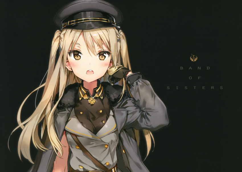 1girl :o absurdres anmi belt black_gloves blush cowboy_shot glint gloves hair_tucking hat highres iron_cross jacket_on_shoulders light_brown_eyes light_brown_hair long_hair looking_at_viewer military military_hat military_uniform open_mouth original peaked_cap simple_background solo two_side_up uniform