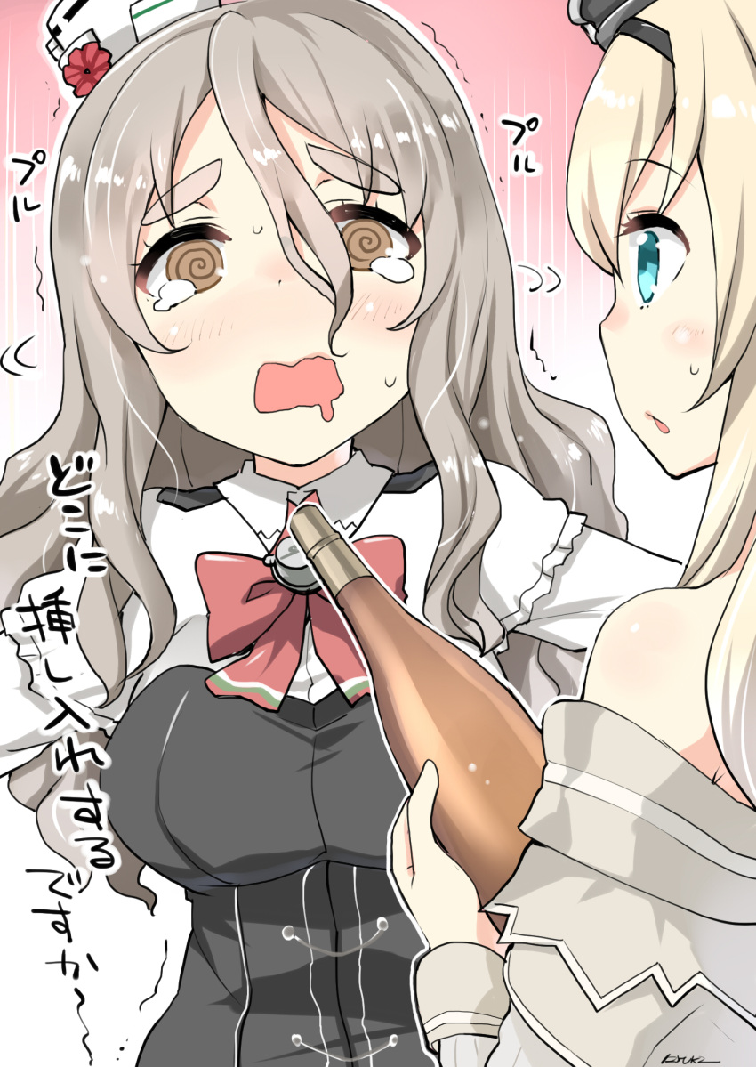 2girls @_@ alcohol bangs bare_shoulders blonde_hair blue_eyes blush bottle breasts brown_eyes commentary_request corset crown crying crying_with_eyes_open dress eyebrows grey_hair hair_between_eyes hairband hat highres holding kantai_collection large_breasts long_hair mini_crown mini_hat multiple_girls off-shoulder_dress off_shoulder open_mouth pola_(kantai_collection) ryuki_(ryukisukune) tears thick_eyebrows trembling warspite_(kantai_collection) wavy_hair