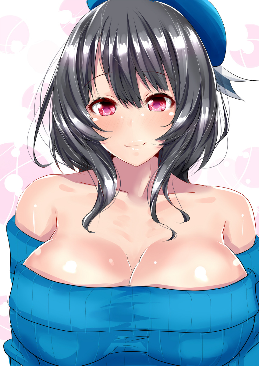 1girl absurdres alternate_costume alternate_hair_length alternate_hairstyle bare_shoulders beret black_hair blue_sweater blush breasts cleavage closed_mouth collarbone commentary_request hat highres kantai_collection large_breasts long_hair looking_at_viewer military_hat off-shoulder_sweater red_eyes ribbed_sweater sankakusui_(deltawhite) sidelocks smile solo sweater takao_(kantai_collection)