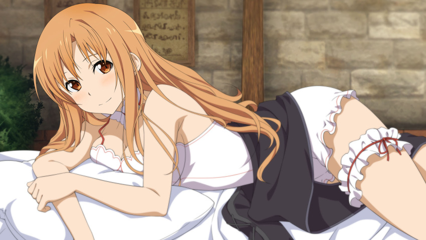 1girl asuna_(sao) bed_sheet breasts brown_eyes brown_hair cleavage game_cg hair_over_shoulder highres indoors long_hair looking_at_viewer lying medium_breasts neck_garter official_art on_back pillow red_ribbon ribbon smile solo sword_art_online sword_art_online:_hollow_realization thigh_strap tunic