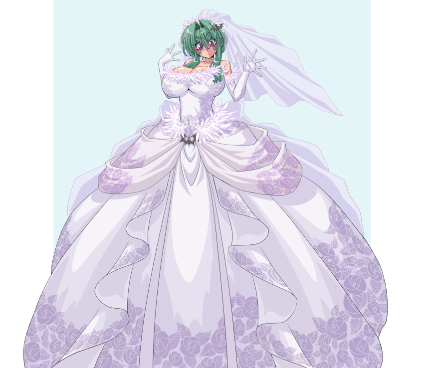 1girl bare_shoulders blush breasts bridal_veil bride cleavage commentary_request dress elbow_gloves gloves great_magami green_hair highres huge_breasts long_hair morrigan_aensland solo strapless strapless_dress vampire_(game) veil violet_eyes wedding_dress white_dress white_gloves wings