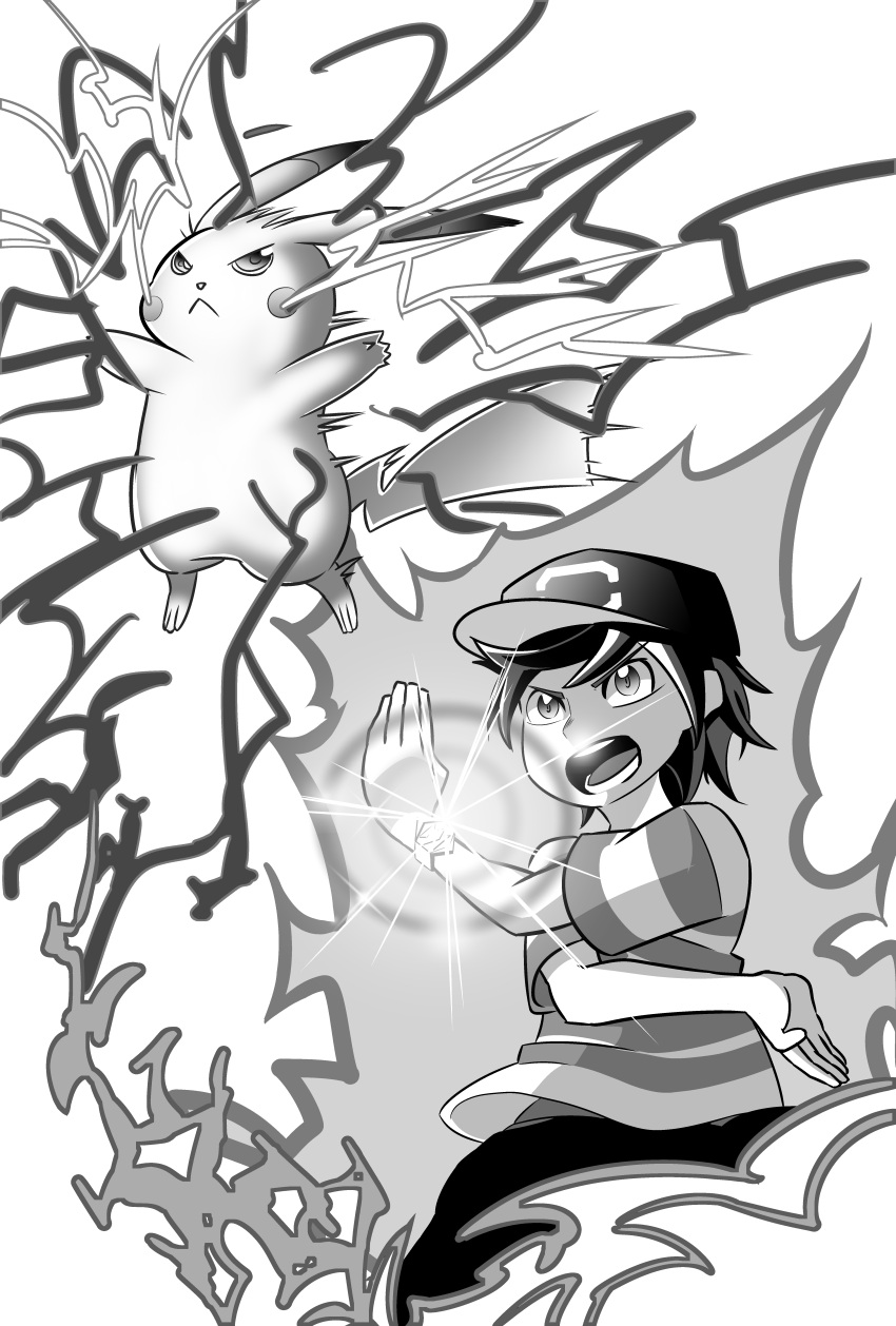 &gt;:o 1boy :o absurdres black_hair greyscale hat highres lightning_bolt male_protagonist_(pokemon_sm) monochrome open_mouth pikachu pokemon pokemon_(game) pokemon_sm pose teeth white_background z-ring