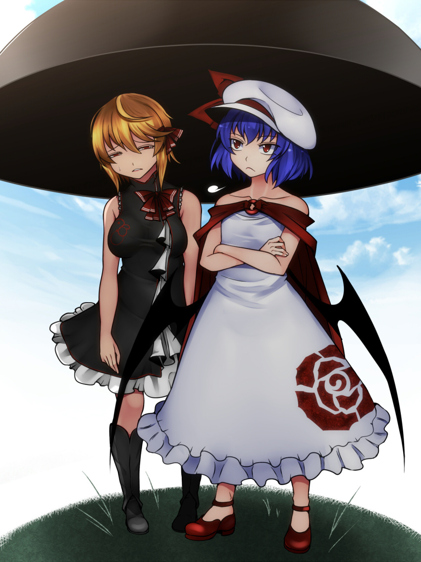 2girls adapted_costume alternate_breast_size aoshima bare_shoulders bat_wings black_dress blonde_hair breasts collarbone commentary crossed_arms darkness dress flat_chest floral_print frown full_body grass hair_ribbon hat highres lavender_hair lips looking_at_another looking_up medium_breasts mob_cap multiple_girls off-shoulder_dress off_shoulder outdoors red_eyes red_shoes remilia_scarlet ribbon rumia shoes short_hair sidelocks sleeveless sleeveless_dress small_breasts sweatdrop tired touhou tsurime vampire white_dress wings