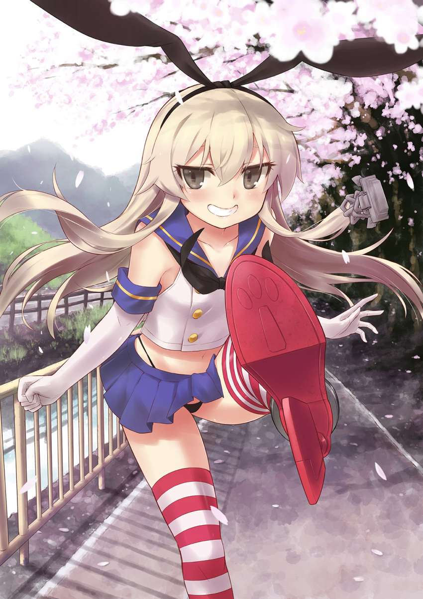 1girl alphy anchor_hair_ornament bangs blonde_hair blue_skirt buttons cherry_blossoms collarbone crop_top elbow_gloves floating_hair gloves grey_eyes grin hair_between_eyes hair_ornament hairband highleg highleg_panties highres kantai_collection leg_up long_hair microskirt navel outdoors panties pantyshot pantyshot_(standing) petals pleated_skirt school_uniform serafuku shimakaze_(kantai_collection) skirt smile solo standing striped striped_legwear thigh-highs tree underwear white_gloves