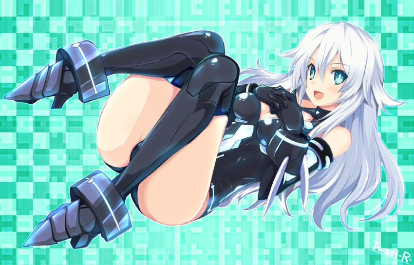 1girl artist_name bare_shoulders black_heart blue_eyes breasts cleavage gloves iwasi-r long_hair looking_at_viewer neptune_(series) noire smile solo symbol-shaped_pupils very_long_hair white_hair