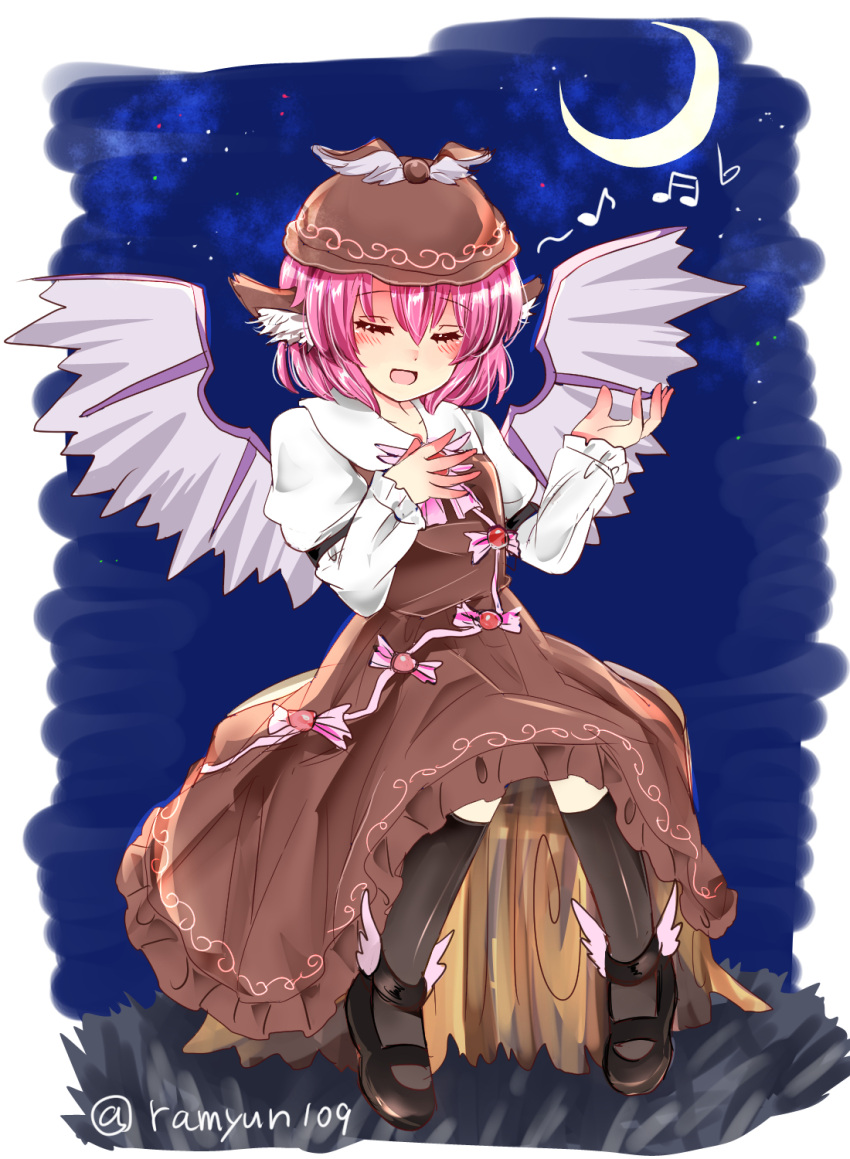 1girl :d animal_ears arm_garter bird_wings black_legwear black_shoes blush brown_dress closed_eyes commentary_request crescent_moon dress full_body hat highres juliet_sleeves long_sleeves mary_janes mob_cap moon music musical_note mystia_lorelei open_mouth pink_hair puffy_sleeves ramudia_(lamyun) shoes short_hair singing smile socks solo touhou twitter_username winged_shoes wings