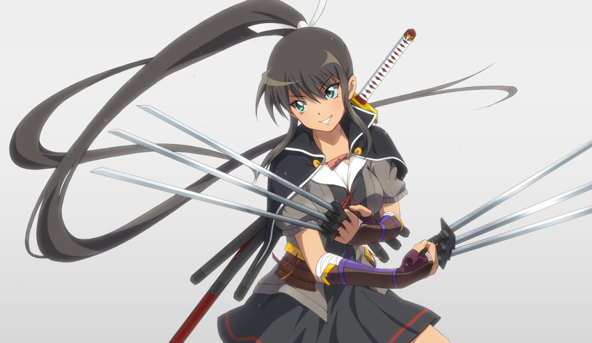 &gt;:) 1girl aqua_eyes armor black_cape black_hair black_serafuku breasts cape commentary_request cowboy_shot dress dual_wielding floating_hair hair_ribbon highres holding holding_sword holding_weapon homura_(senran_kagura) jacket japanese_armor katana kote long_hair looking_away medium_breasts mokkei neck_ribbon open_clothes open_jacket parted_lips ponytail puffy_short_sleeves puffy_sleeves red_ribbon ribbon sailor_dress scabbard school_uniform senran_kagura senran_kagura_(series) serafuku sheath short_dress short_sleeves sidelocks smile solo sweater_jacket sword unsheathed very_long_hair weapon weapon_on_back white_ribbon