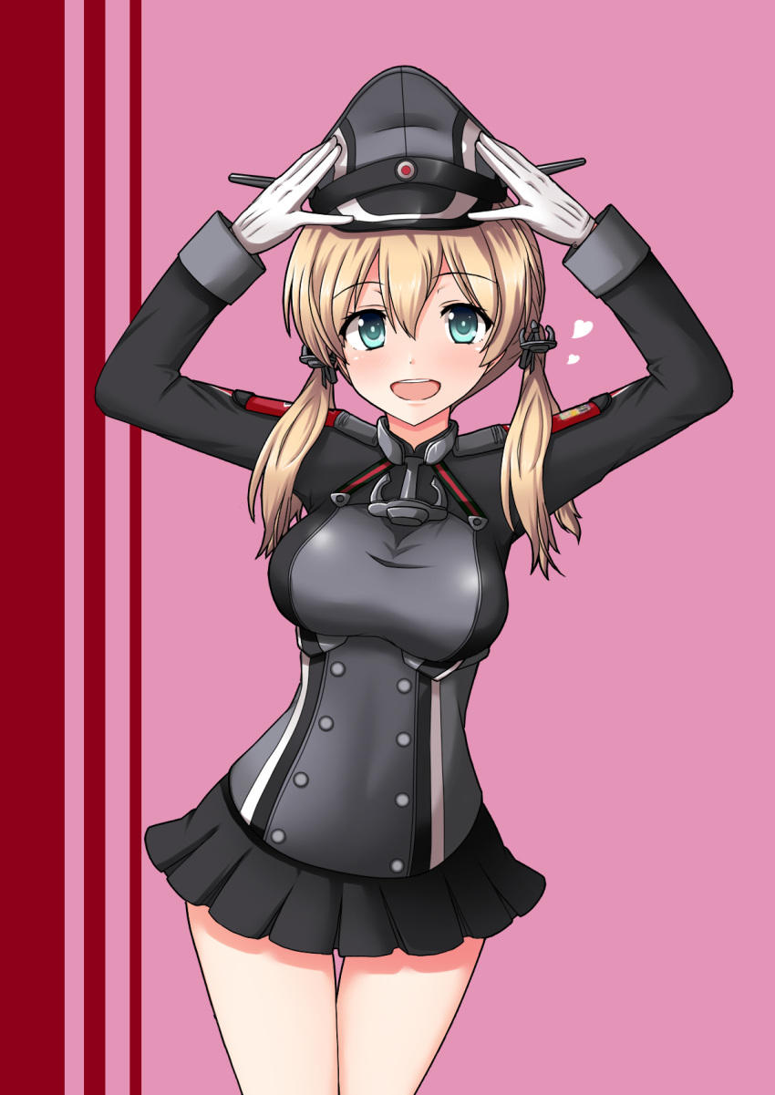 1girl anchor_hair_ornament aqua_eyes black_skirt blonde_hair breasts epaulettes gloves hair_ornament hat heart highres kantai_collection large_breasts long_sleeves looking_at_viewer low_twintails military_hat miniskirt mono_(mono60) open_mouth pink_background prinz_eugen_(kantai_collection) skirt solo thigh_gap twintails white_gloves