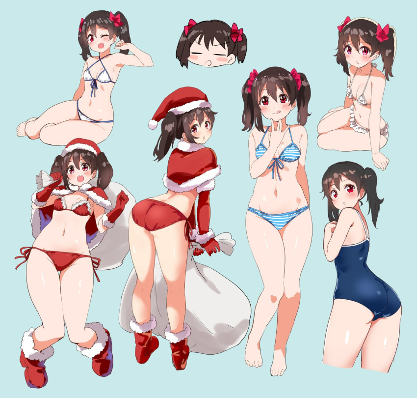 1girl arm_support ass bare_legs bare_shoulders barefoot bikini black_hair blue_background blue_bikini blush_stickers bow breasts capelet criss-cross_halter cropped_legs frilled_bikini frills gloves hair_bow halter_top halterneck hand_up hat highres kurokawa_makoto leaning_forward licking_lips looking_at_viewer love_live! love_live!_school_idol_project multiple_views one-piece_swimsuit one_eye_closed panties red_bow red_eyes red_footwear red_gloves red_hat red_panties sack santa_costume santa_hat school_swimsuit shoes side-tie_panties simple_background sitting small_breasts smile standing striped striped_bikini swimsuit tongue tongue_out twintails underwear white_bikini yazawa_nico yokozuwari