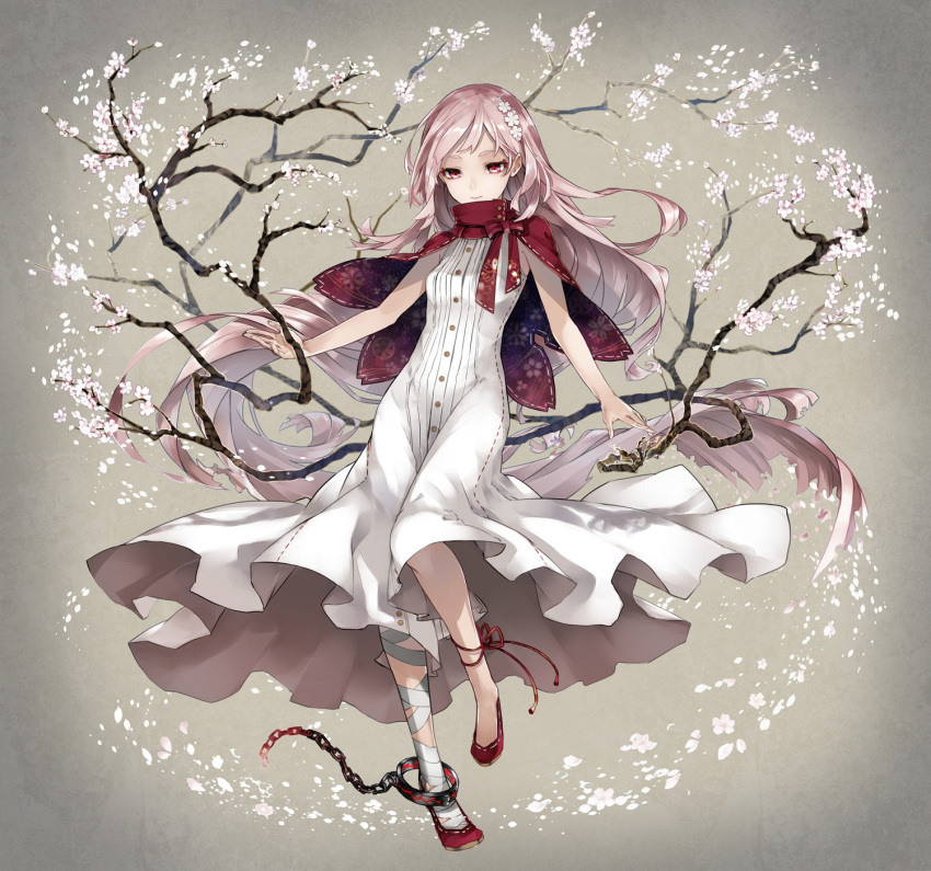 1girl :&gt; bandaged_leg branch breasts capelet cherry_blossoms closed_mouth cuffs dress flower full_body hair_flower hair_ornament highres leg_ribbon long_hair original petals pink_eyes pink_hair red_ribbon red_shoes ribbon shackles shoes sleeveless sleeveless_dress small_breasts smile solo white_dress yatodzume